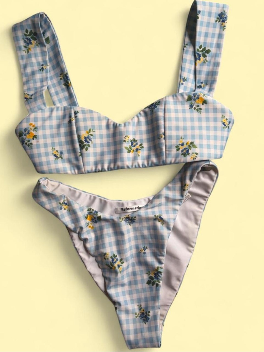 Reformation Light Blue Gingham Floral Bikini Set
